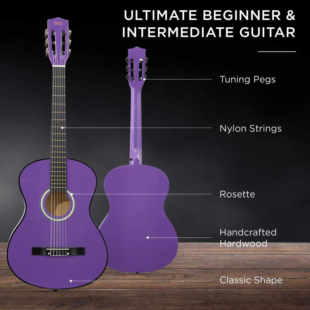 38In Beginner Acoustic Guitar Starter Kit W/ Gig Bag, Strap, Extra Strings - Purple