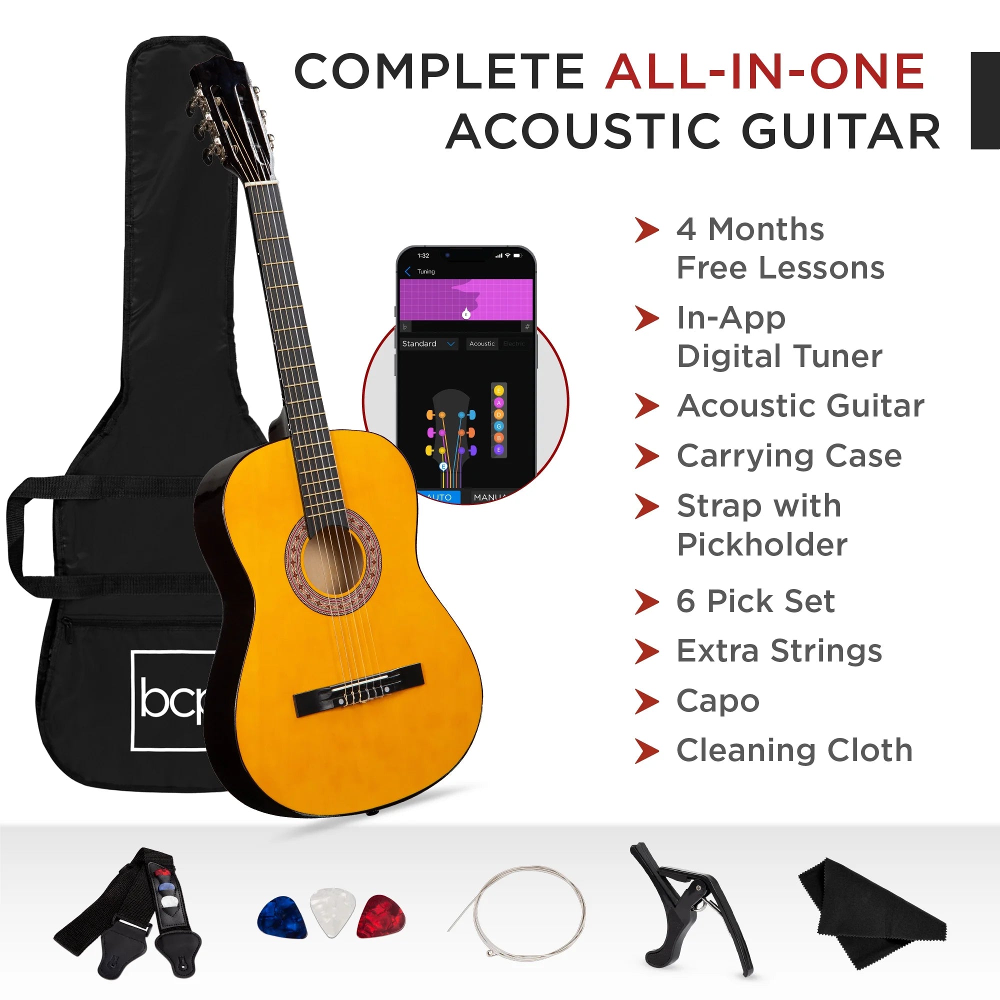 38In Beginner Acoustic Guitar Starter Kit W/ Gig Bag, Strap, Extra Strings - Natural