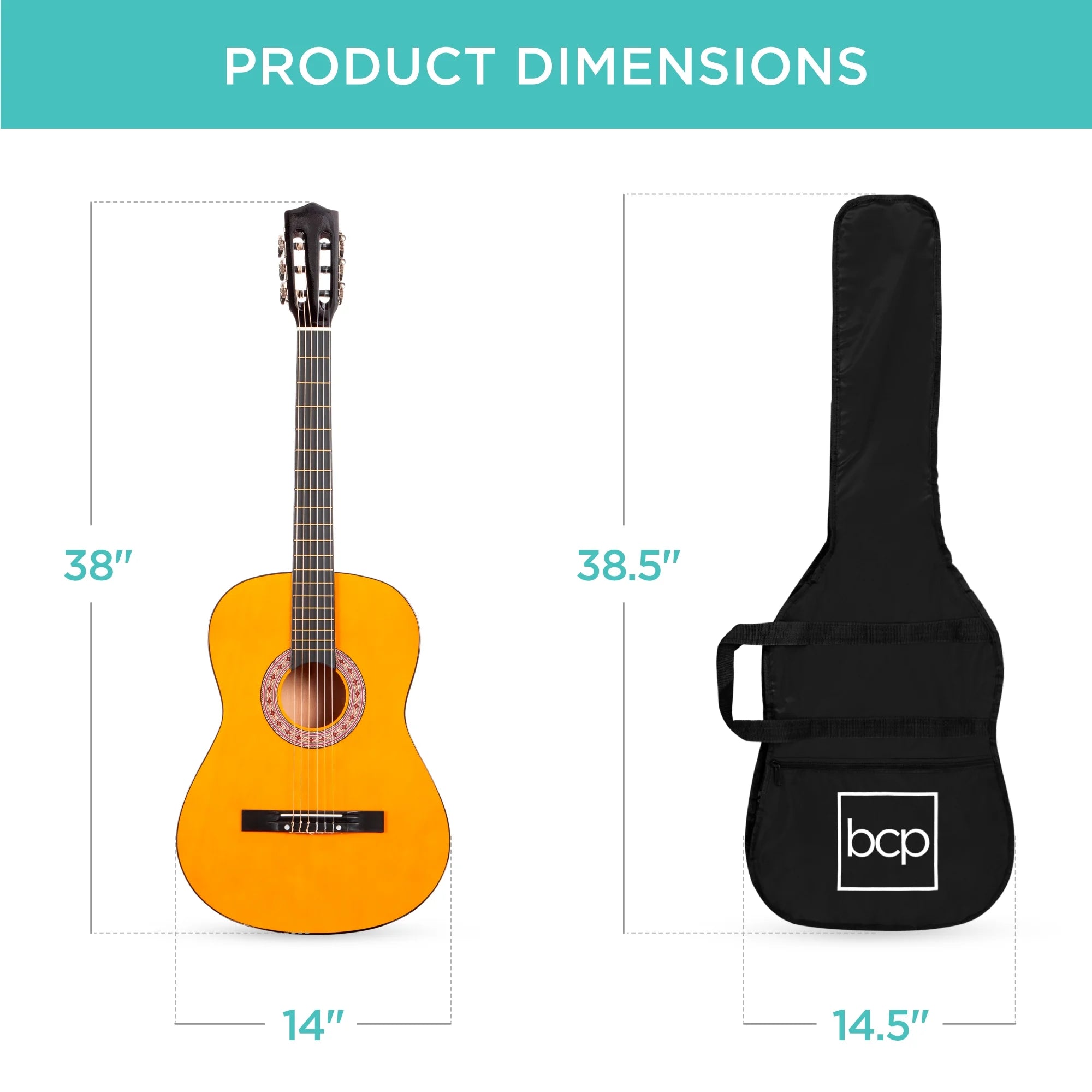 38In Beginner Acoustic Guitar Starter Kit W/ Gig Bag, Strap, Extra Strings - Natural