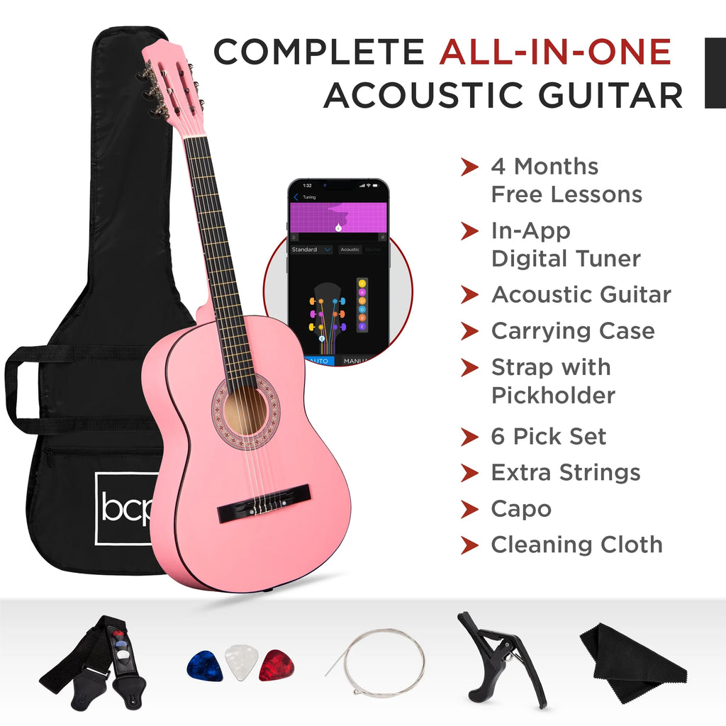38In Beginner Acoustic Guitar Starter Kit W/ Gig Bag, Strap, Extra Strings - Pink