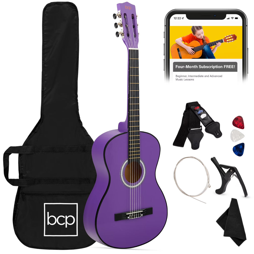 38In Beginner Acoustic Guitar Starter Kit W/ Gig Bag, Strap, Extra Strings - Purple