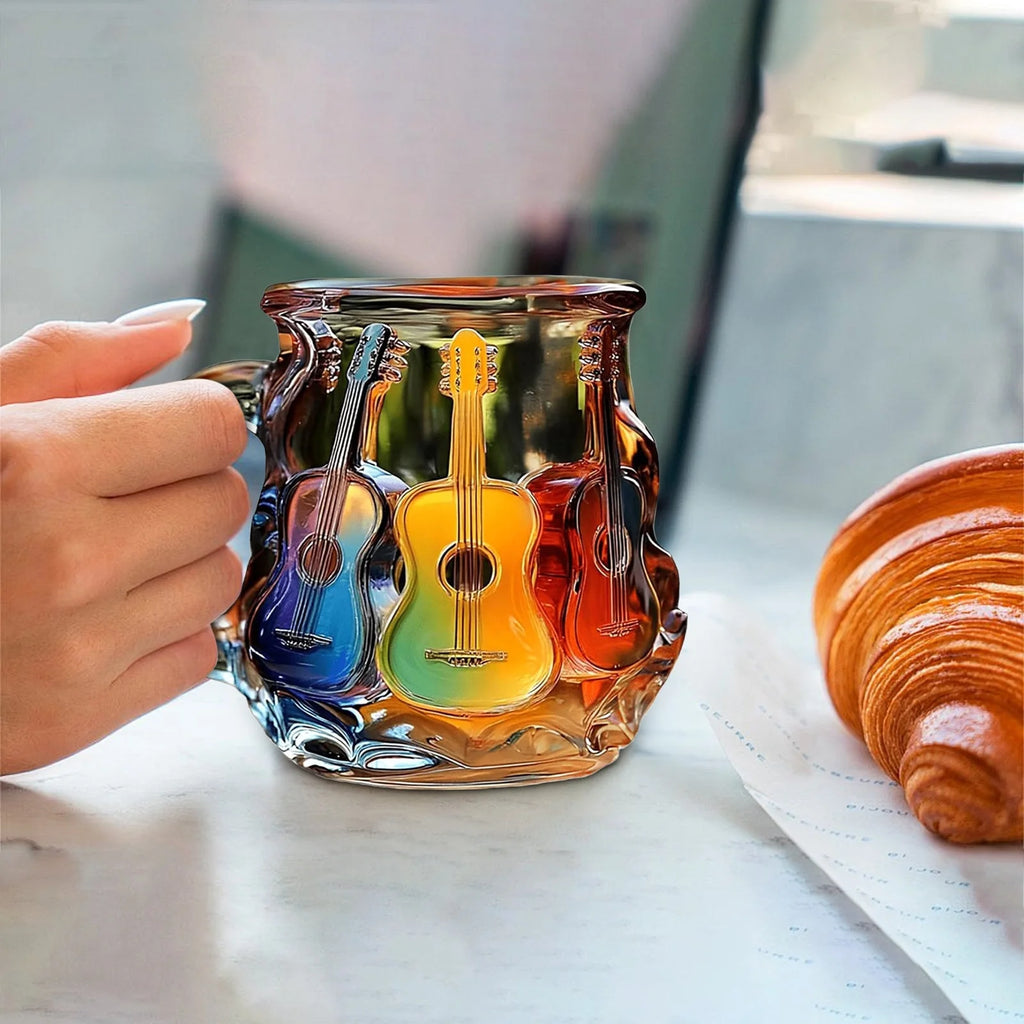 Guitar Art Mug with Painted Novelty Glass Coffee Cup for Music Lovers and Teachers Microwave and Dishwasher Safe Unique Musical Gift for Desks and Decor 12.5X9X9Cm Size