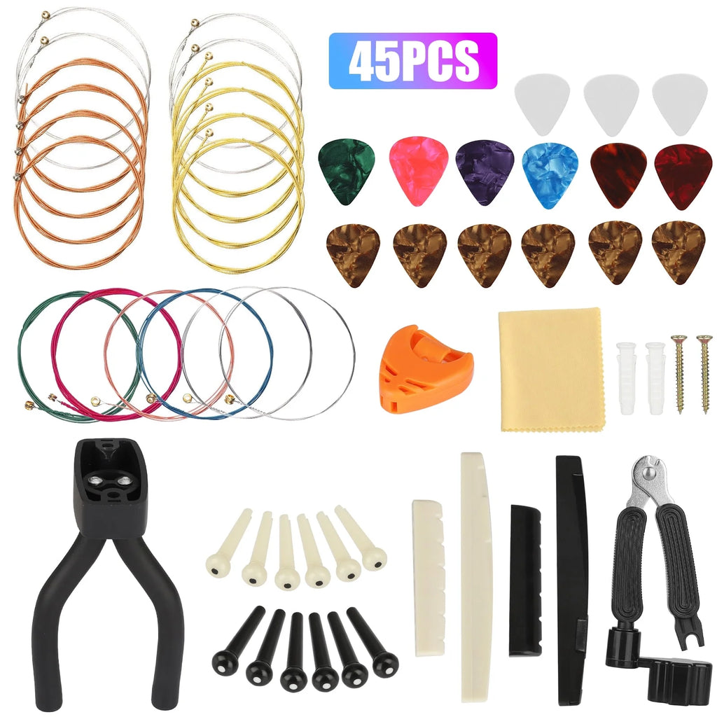 Guitar Accessories Kit, 45Pcs Guitar Tool Replacement W/ Guitar Strings, Guitar Picks, Guitar Nut/Saddle, 3-In-1 Restring Tool, Guitar Hanger, Bridge Pin for Acoustic/Electric Guitar, Bass, Banjo