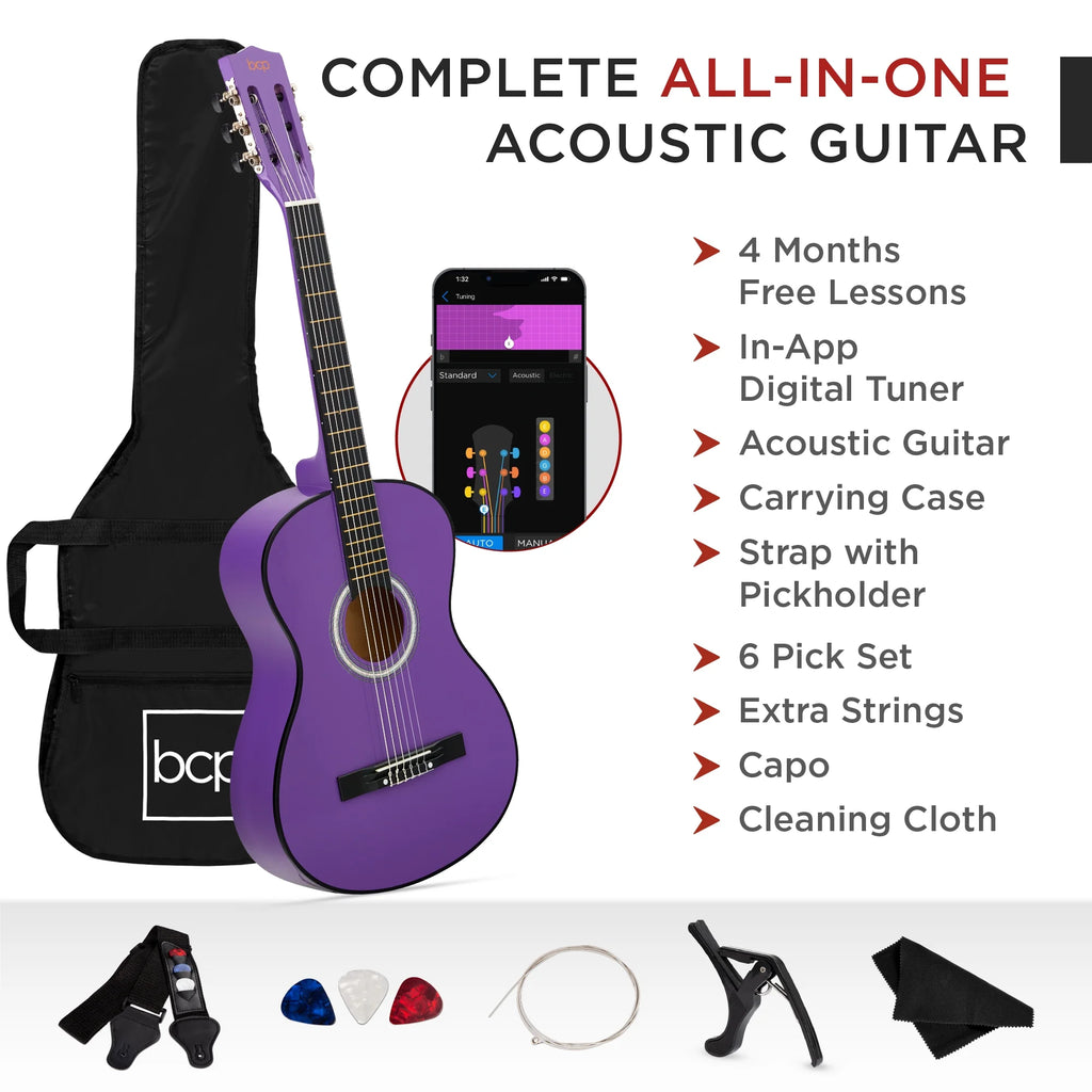 38In Beginner Acoustic Guitar Starter Kit W/ Gig Bag, Strap, Extra Strings - Purple