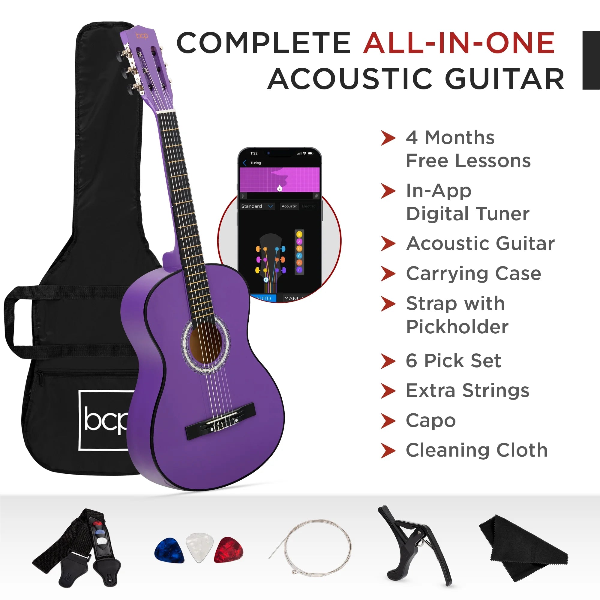 38In Beginner Acoustic Guitar Starter Kit W/ Gig Bag, Strap, Extra Strings - Purple