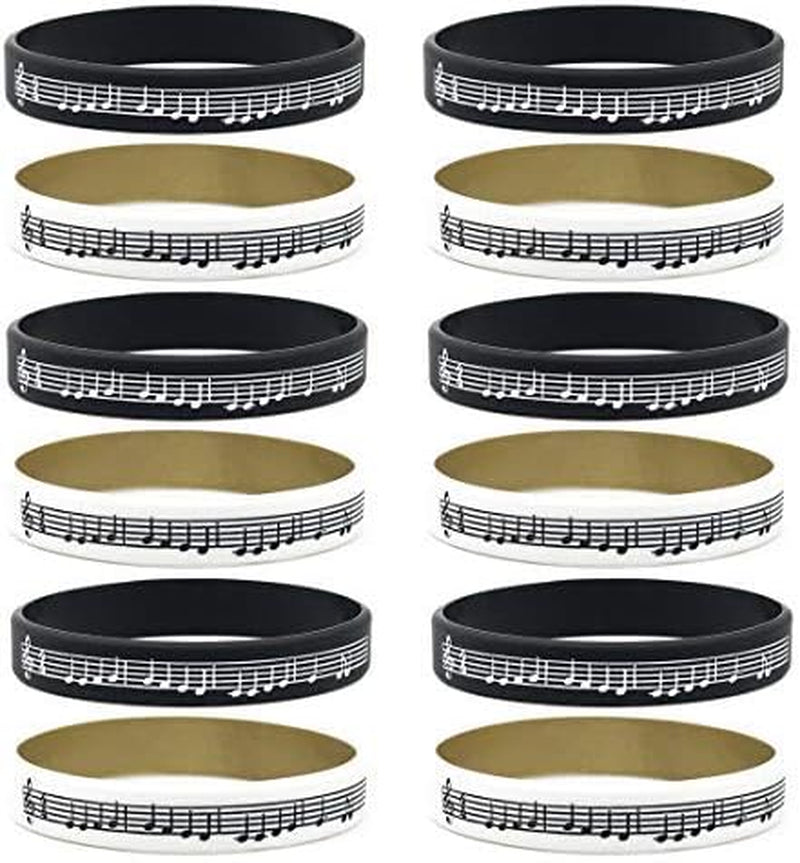 (12-Pack) Music Silicone Bracelets - Bulk Pack of Wristbands for Music Event Party Favors Supplies - Gifts for Musicians Music Students Teachers (Black and White - Classical Music Notes)