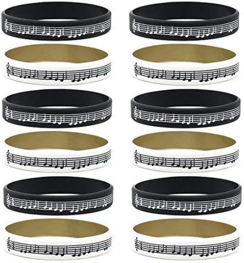 (12-Pack) Music Silicone Bracelets - Bulk Pack of Wristbands for Music Event Party Favors Supplies - Gifts for Musicians Music Students Teachers (Black and White - Classical Music Notes)