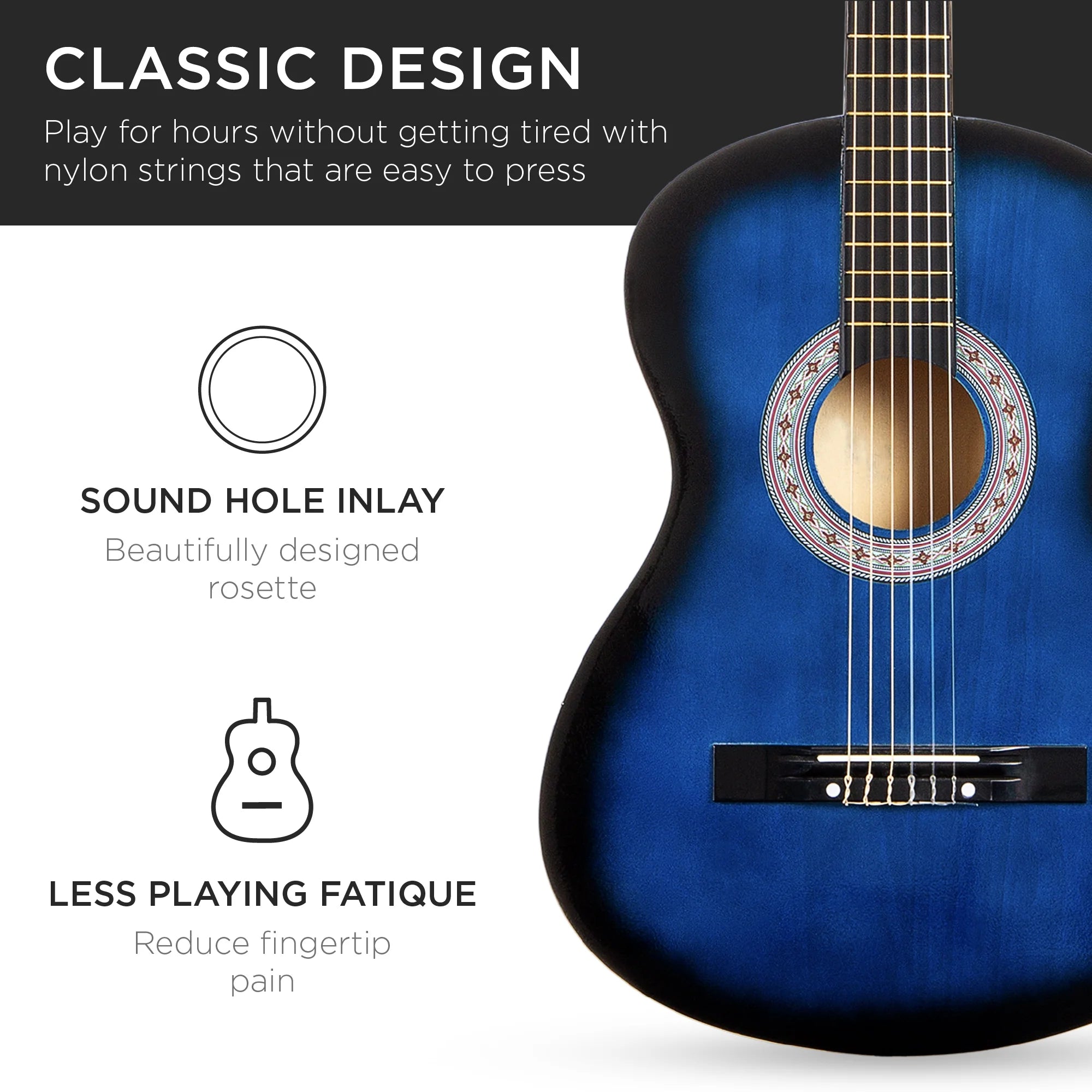 38In Beginner Acoustic Guitar Starter Kit W/ Gig Bag, Strap, Extra Strings - Blue