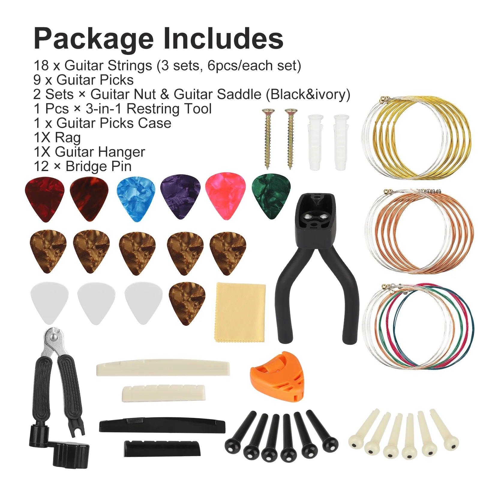 Guitar Accessories Kit, 45Pcs Guitar Tool Replacement W/ Guitar Strings, Guitar Picks, Guitar Nut/Saddle, 3-In-1 Restring Tool, Guitar Hanger, Bridge Pin for Acoustic/Electric Guitar, Bass, Banjo