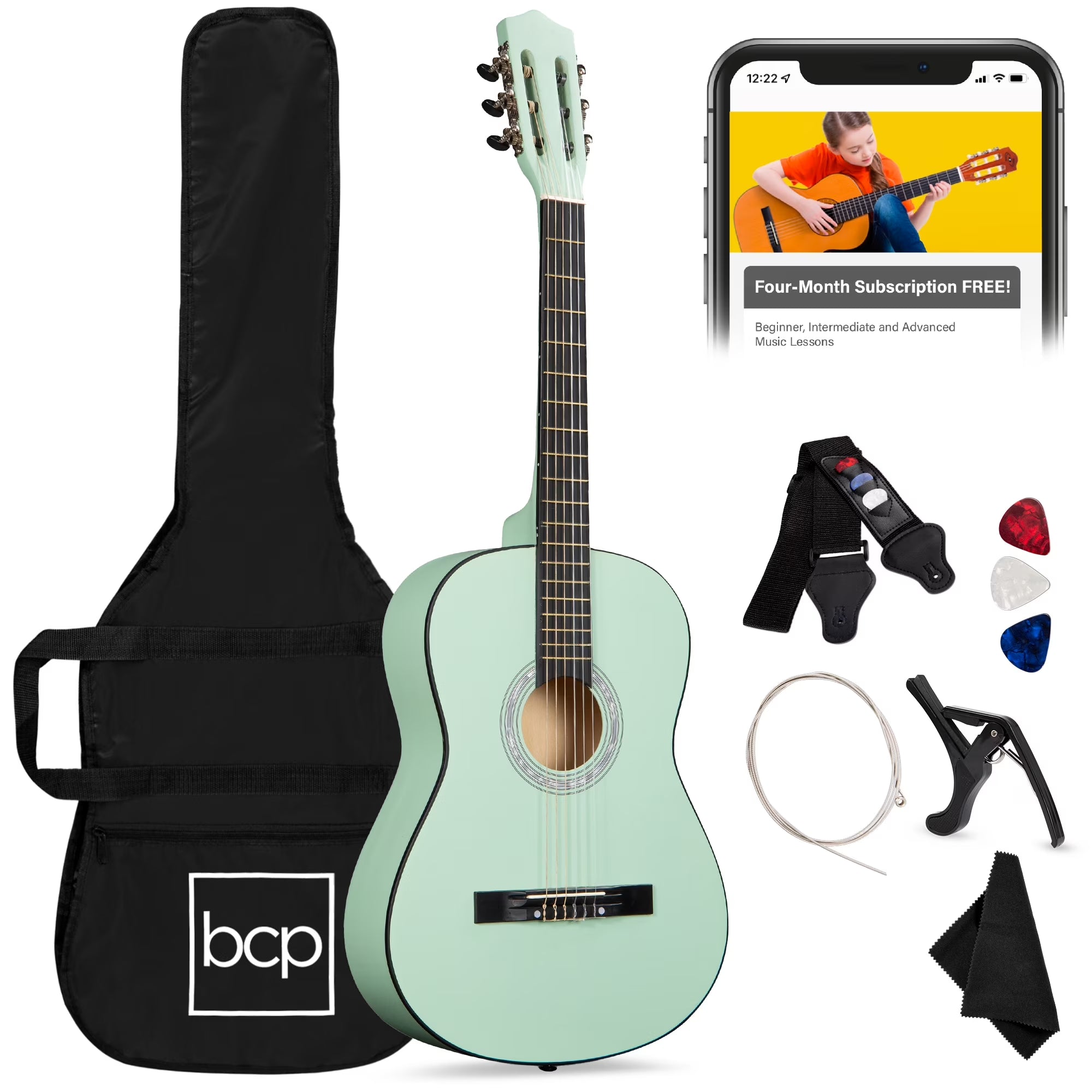 38In Beginner Acoustic Guitar Starter Kit W/ Gig Bag, Strap, Extra Strings - Socal Green