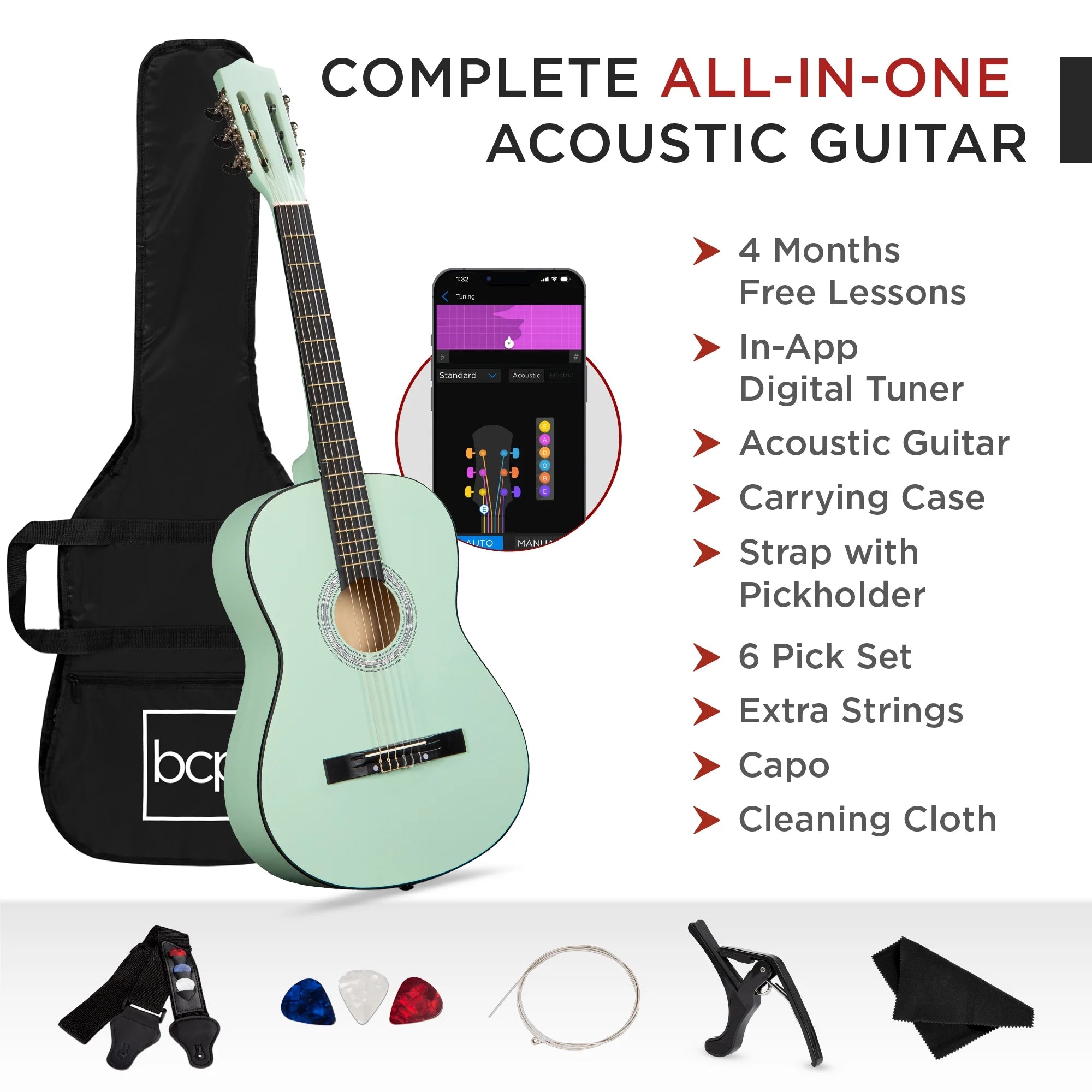 38In Beginner Acoustic Guitar Starter Kit W/ Gig Bag, Strap, Extra Strings - Socal Green