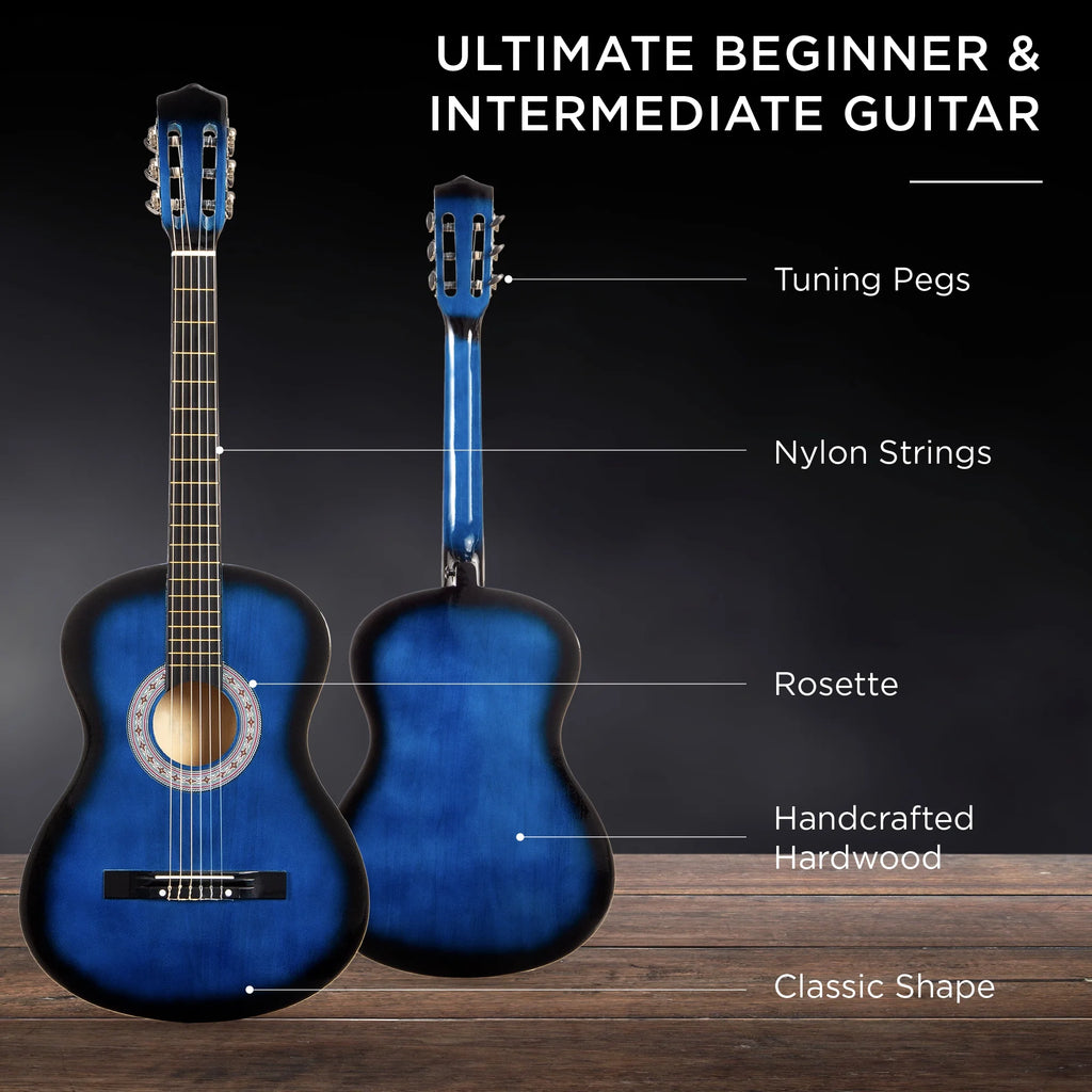38In Beginner Acoustic Guitar Starter Kit W/ Gig Bag, Strap, Extra Strings - Blue