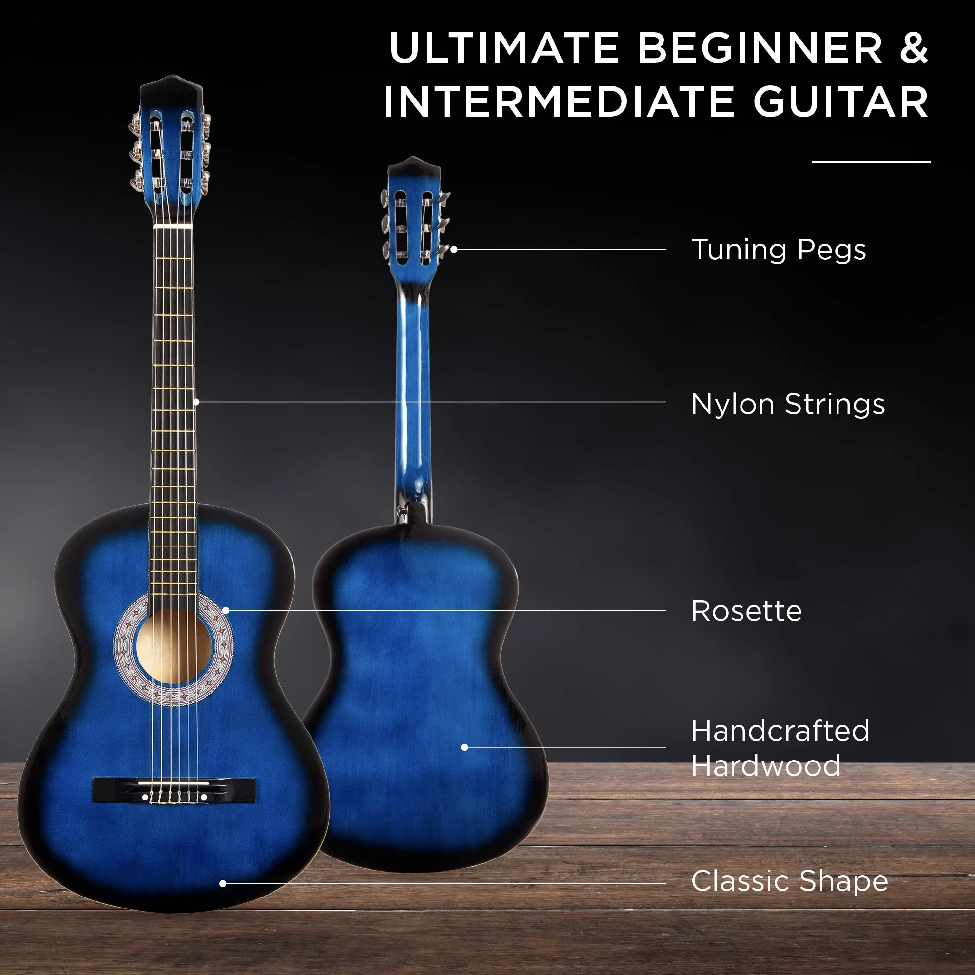 38In Beginner Acoustic Guitar Starter Kit W/ Gig Bag, Strap, Extra Strings - Blue