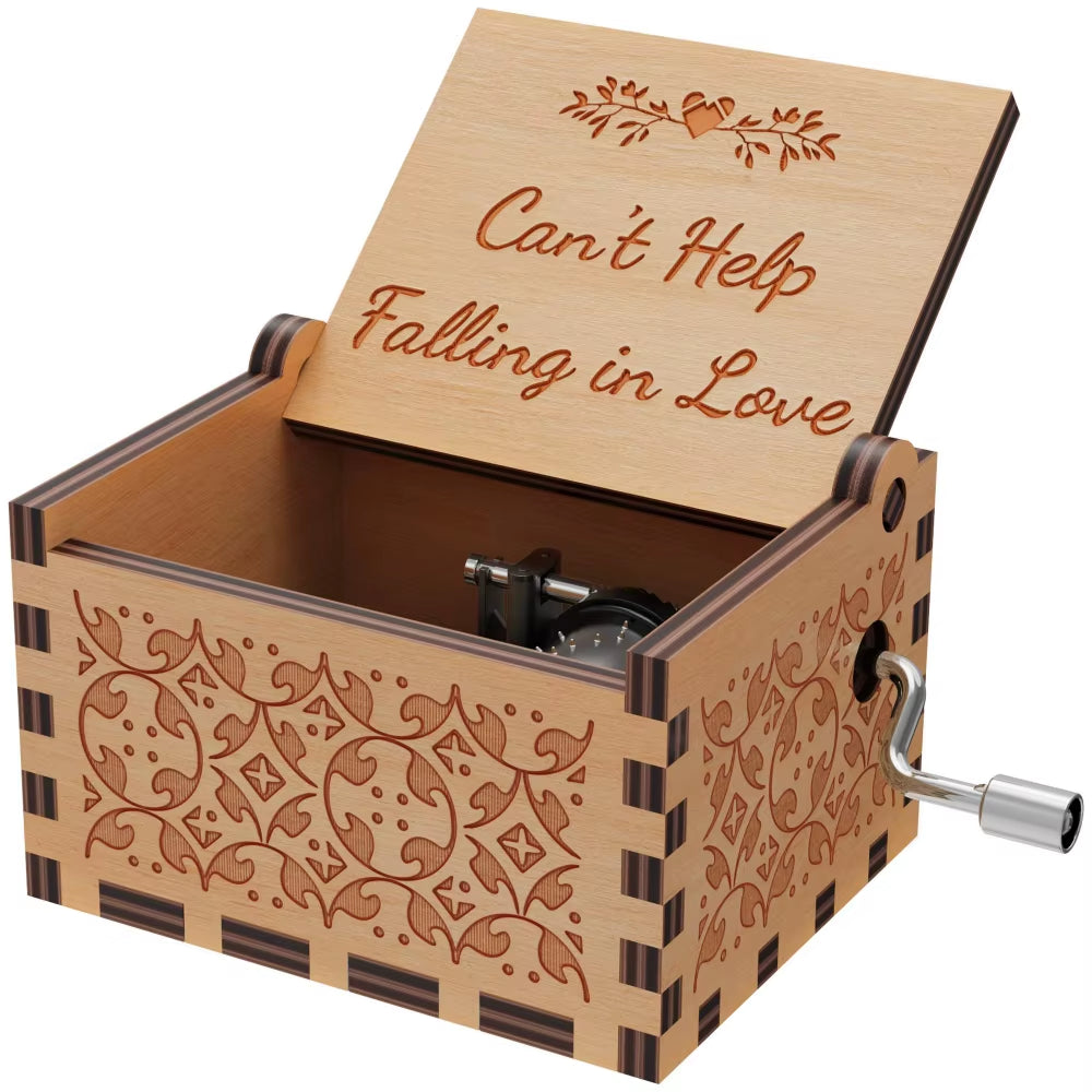 Wooden Music Box Vintage Engraving Wooden Hand-Cranked Music Box Can'T Help but Fall in Love Music Box