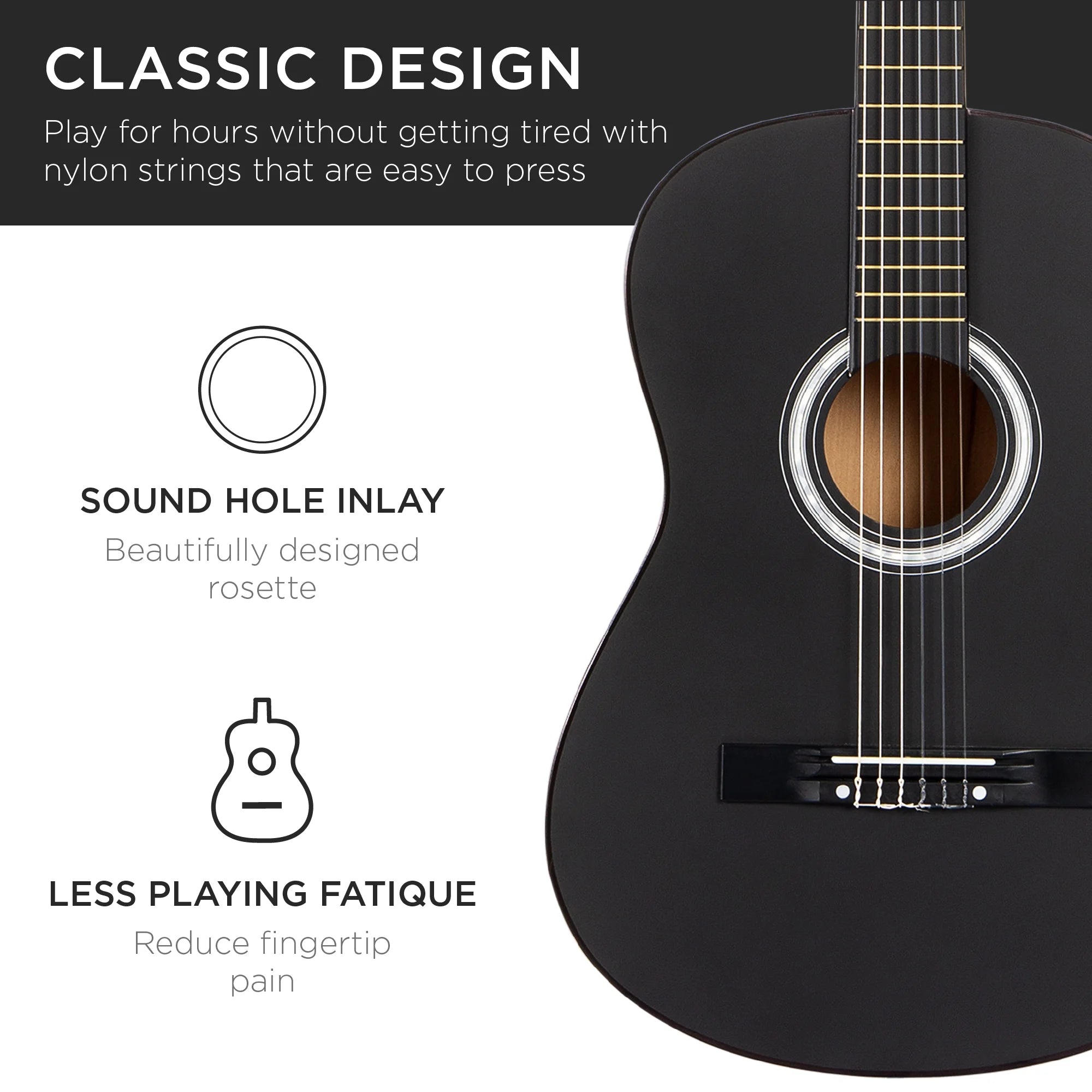 38In Beginner Acoustic Guitar Starter Kit W/ Gig Bag, Strap, Extra Strings - Matte Black