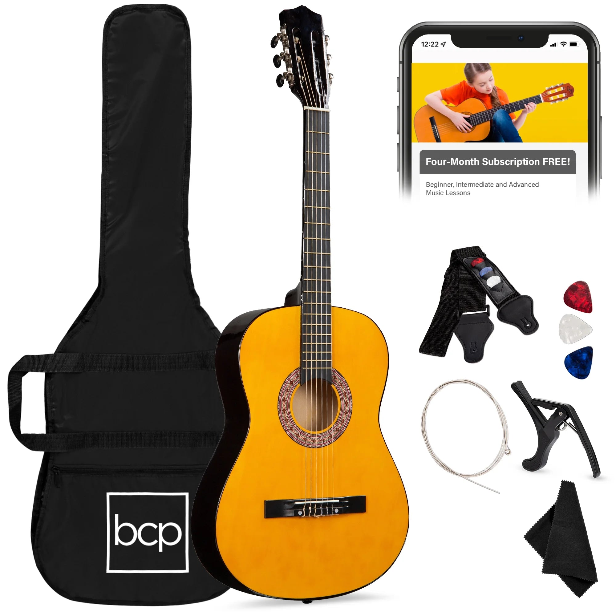 38In Beginner Acoustic Guitar Starter Kit W/ Gig Bag, Strap, Extra Strings - Natural