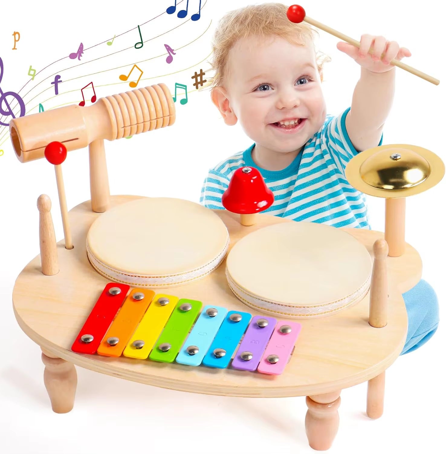 Wooden Music Toys for Babies Children'S Multifunctional Music Knocking Table Early Education Kids Drum Set Music Toy Baby Gift