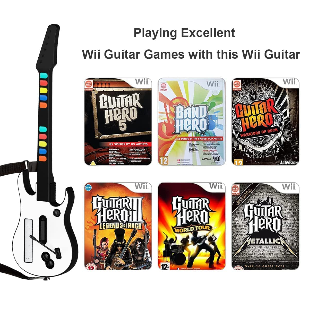 Guitar Controller, Wireless Guitar Hero Controller for Wii, Rock Band 2, Wii U, Clone Hero Games (Excluding Rock Band 1)