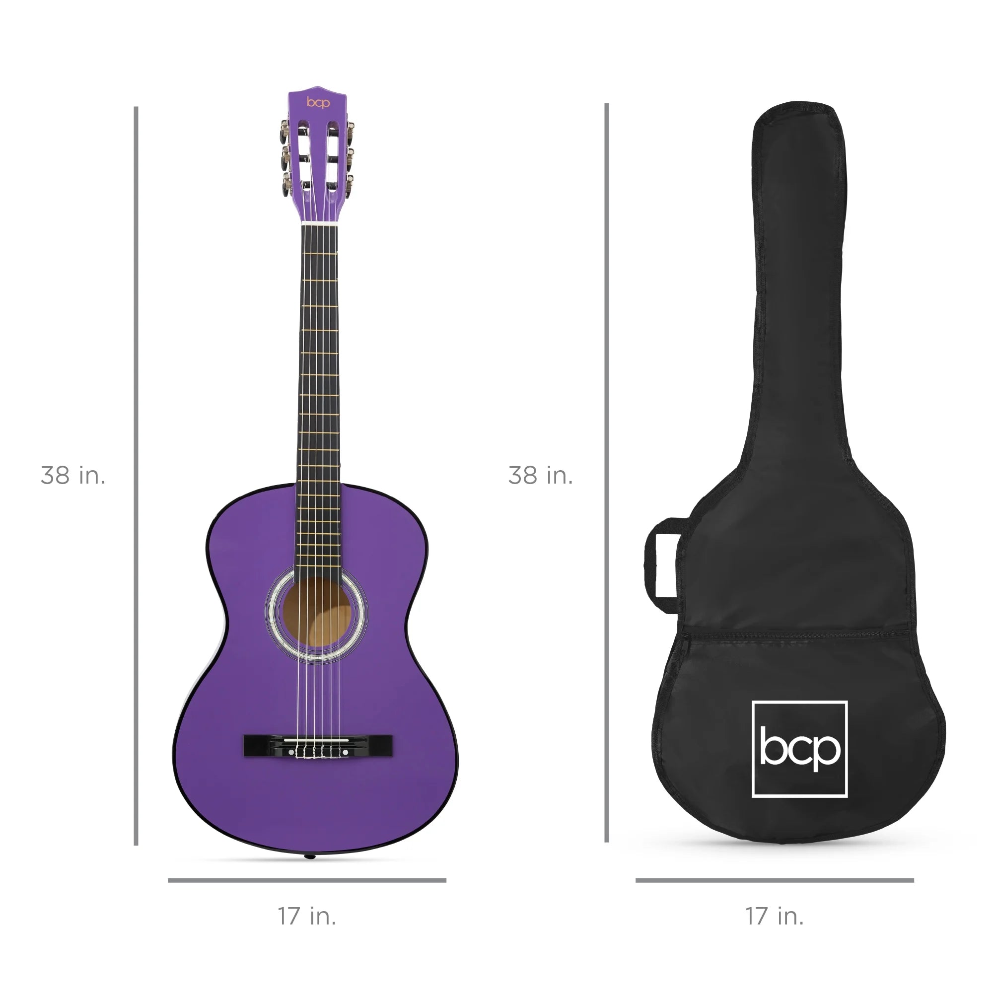 38In Beginner Acoustic Guitar Starter Kit W/ Gig Bag, Strap, Extra Strings - Purple