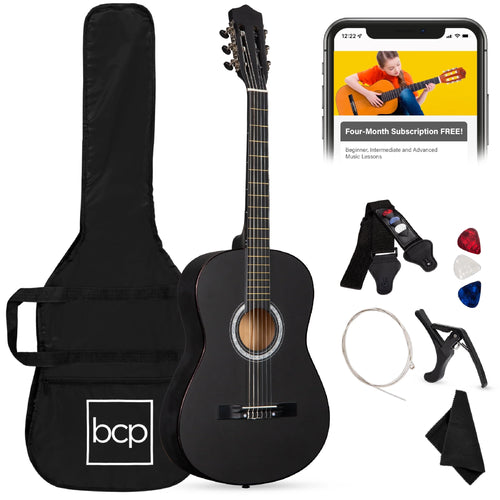38In Beginner Acoustic Guitar Starter Kit W/ Gig Bag, Strap, Extra Strings - Matte Black