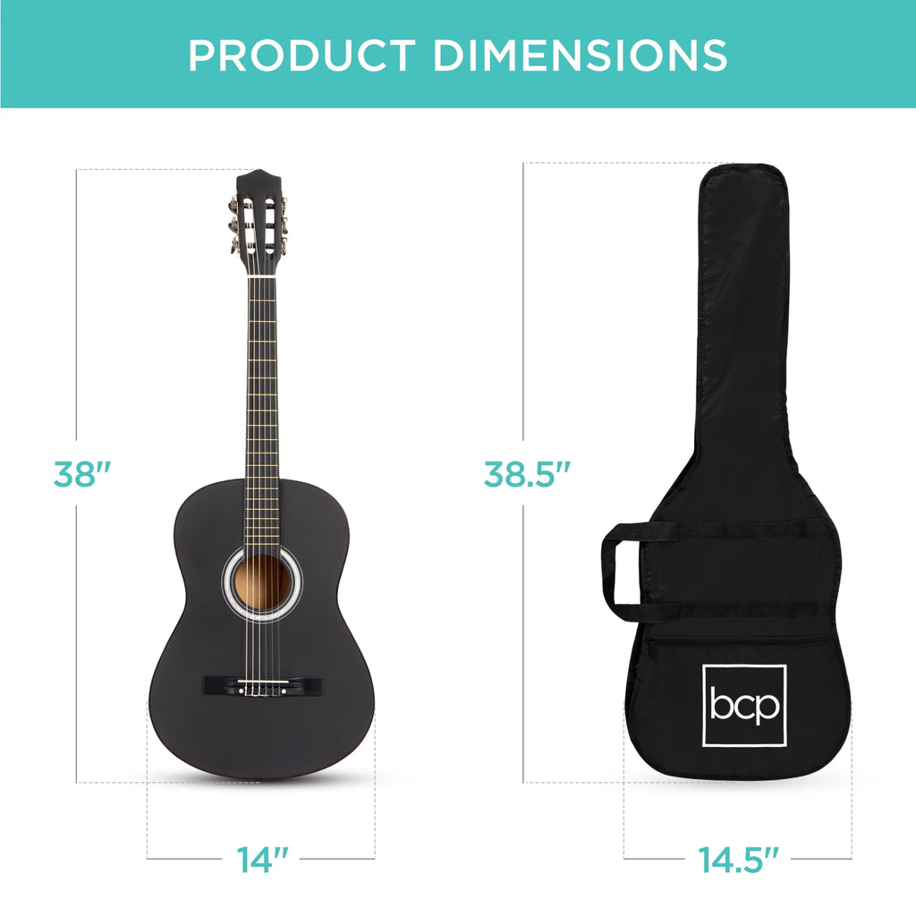 38In Beginner Acoustic Guitar Starter Kit W/ Gig Bag, Strap, Extra Strings - Matte Black