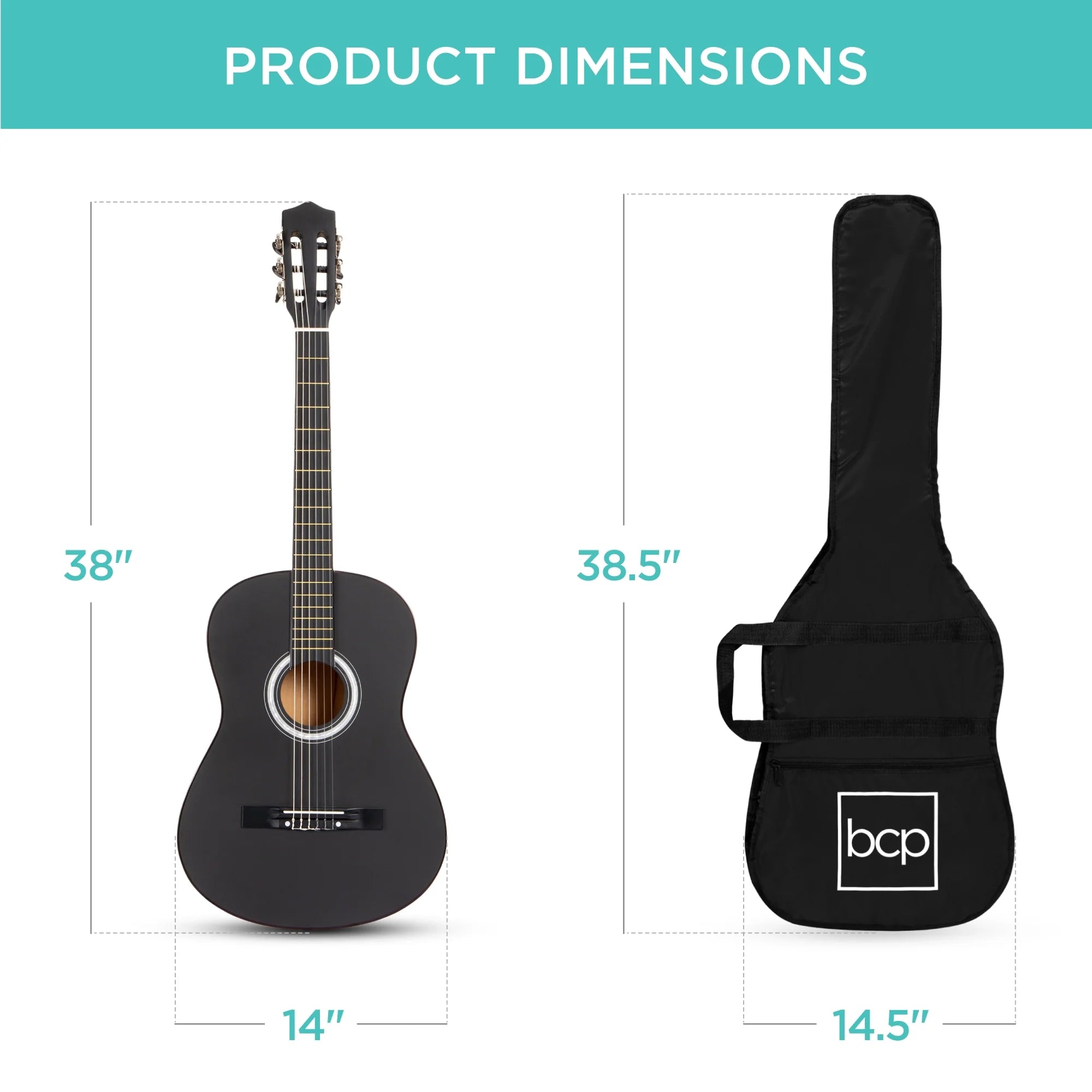 38In Beginner Acoustic Guitar Starter Kit W/ Gig Bag, Strap, Extra Strings - Matte Black