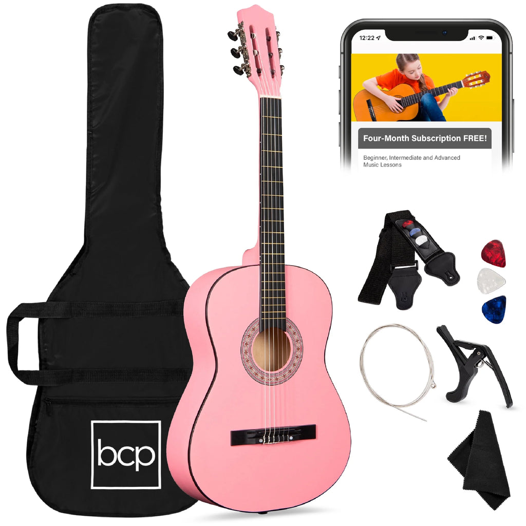 38In Beginner Acoustic Guitar Starter Kit W/ Gig Bag, Strap, Extra Strings - Pink