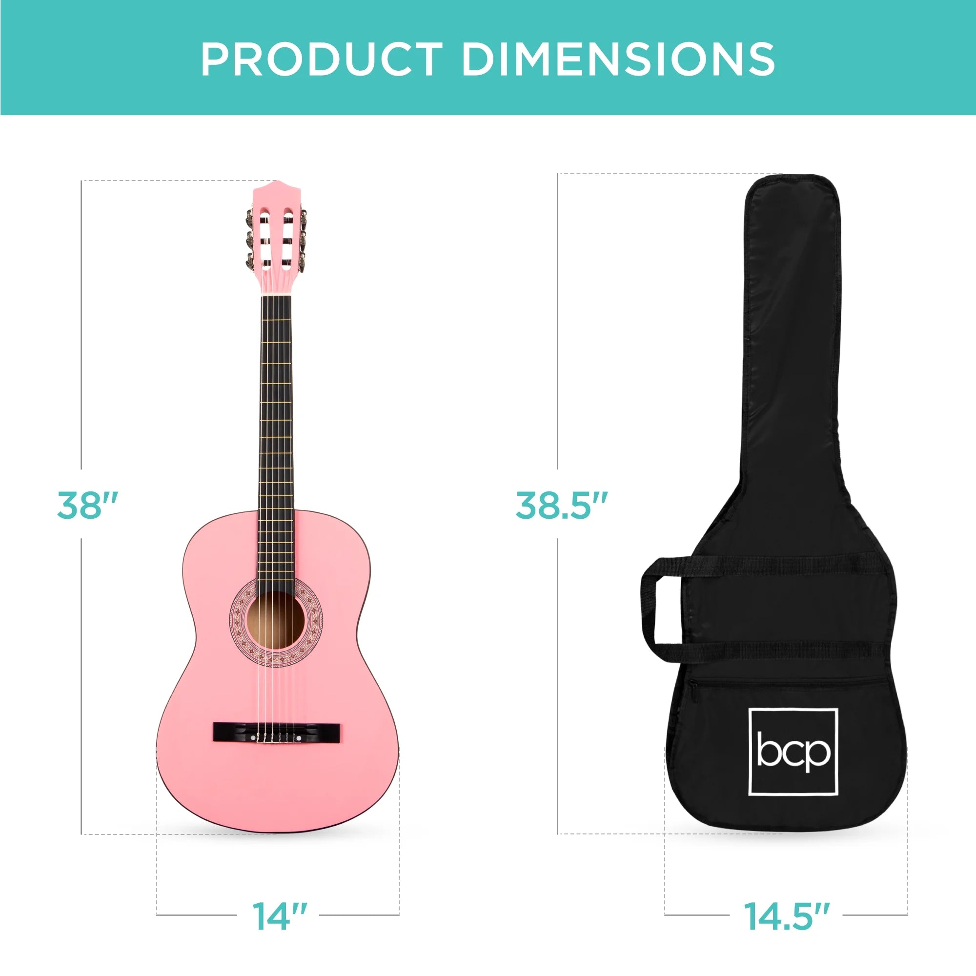 38In Beginner Acoustic Guitar Starter Kit W/ Gig Bag, Strap, Extra Strings - Pink