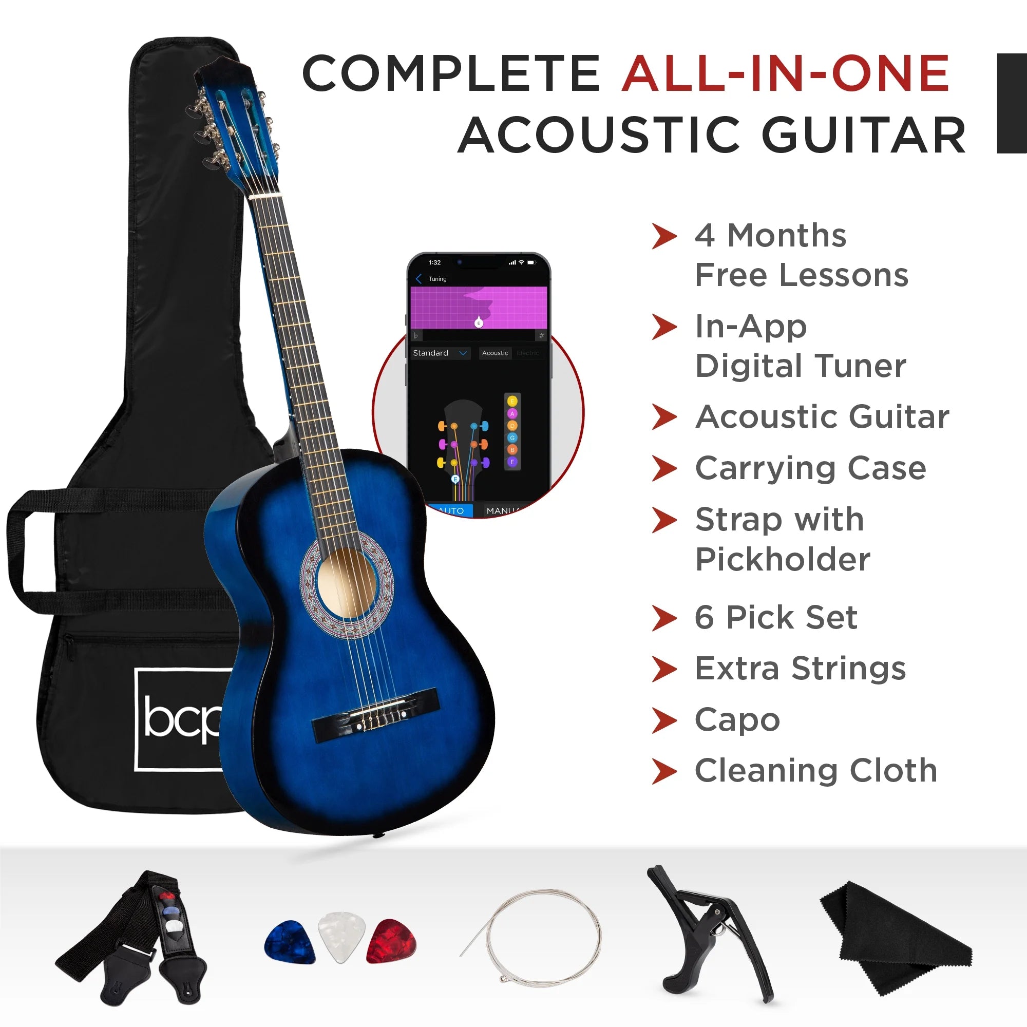 38In Beginner Acoustic Guitar Starter Kit W/ Gig Bag, Strap, Extra Strings - Blue