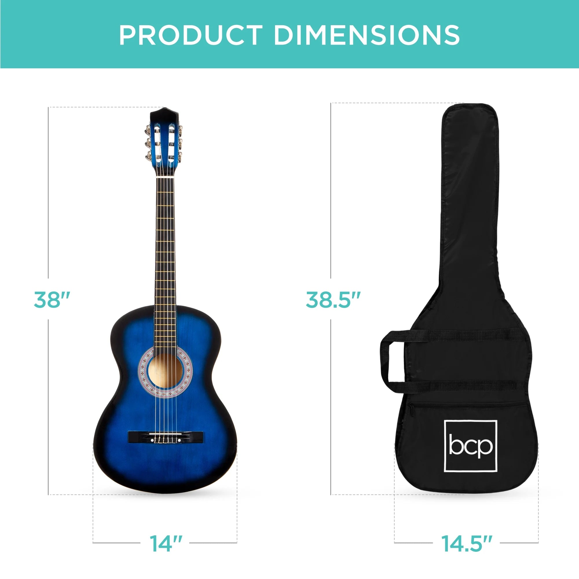38In Beginner Acoustic Guitar Starter Kit W/ Gig Bag, Strap, Extra Strings - Blue