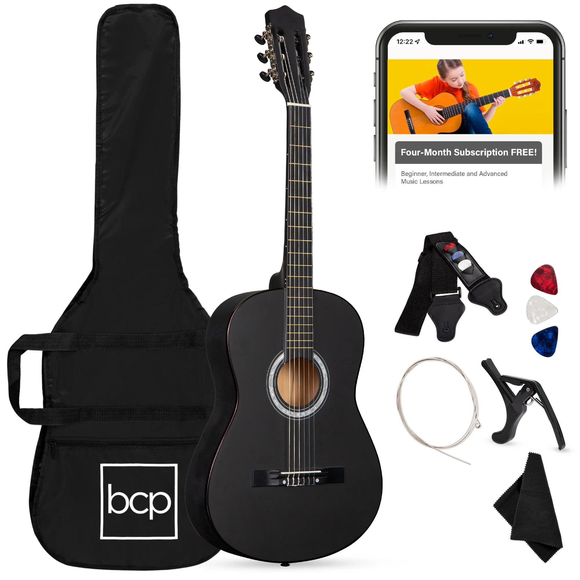 38In Beginner Acoustic Guitar Starter Kit W/ Gig Bag, Strap, Extra Strings - Matte Black
