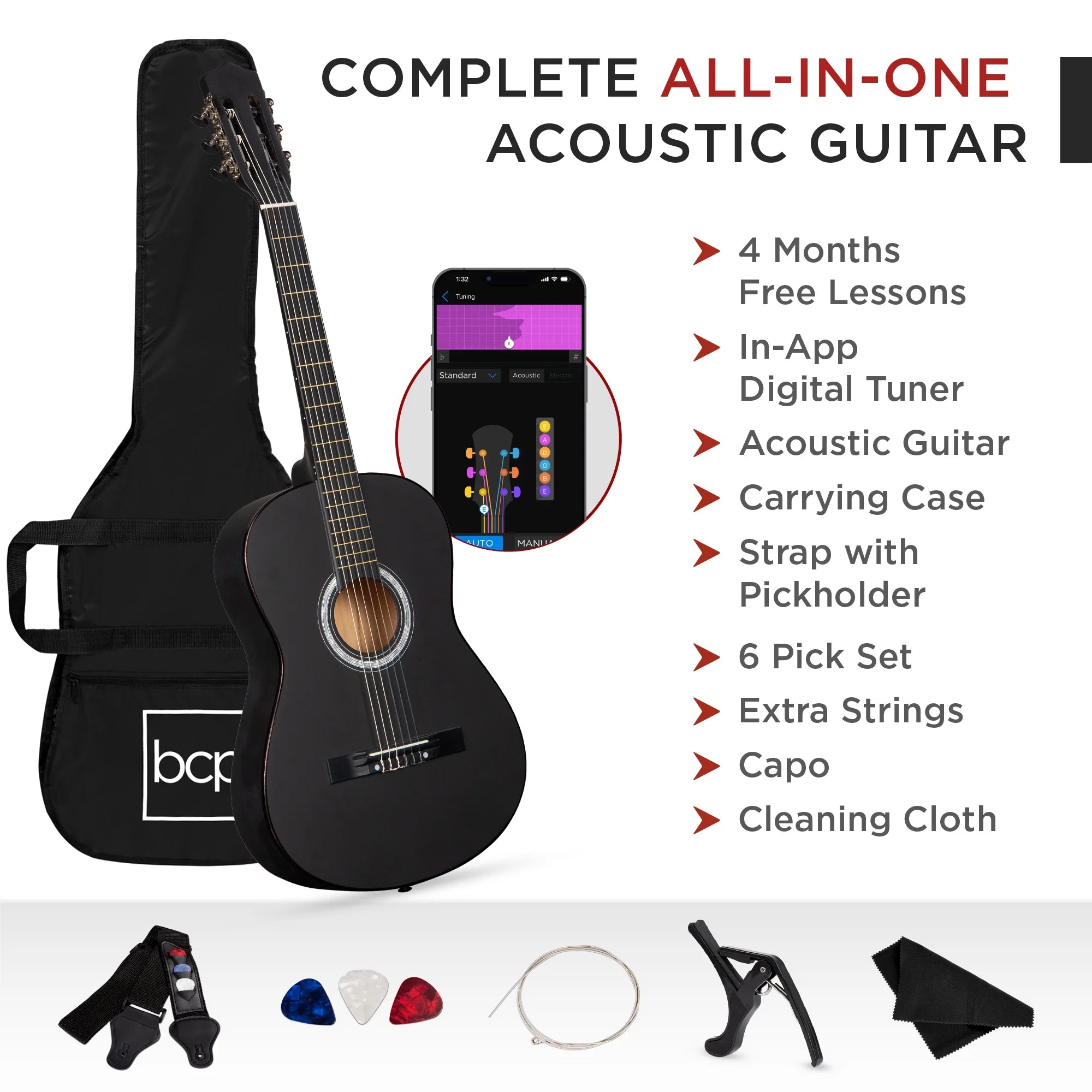 38In Beginner Acoustic Guitar Starter Kit W/ Gig Bag, Strap, Extra Strings - Matte Black