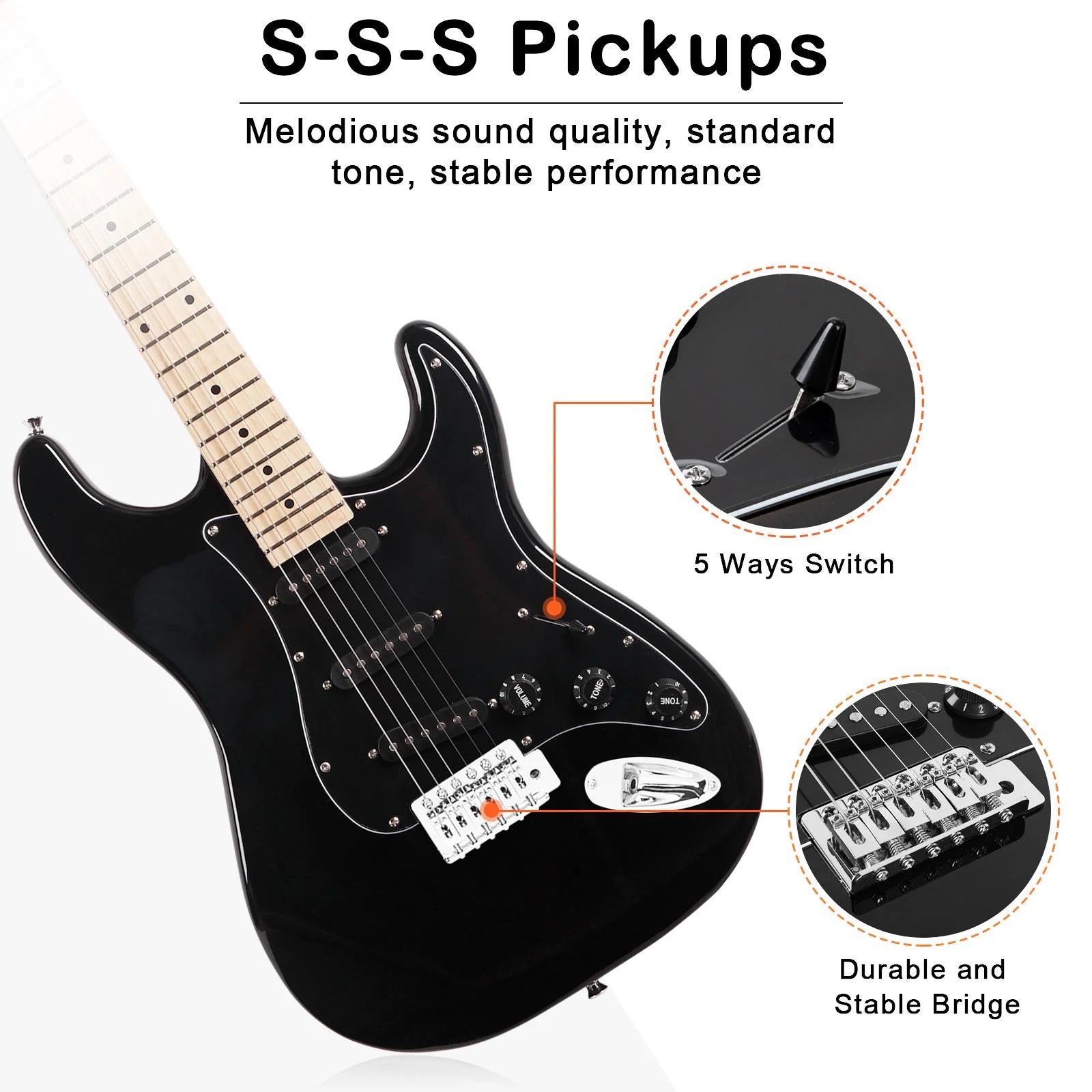 6 Strings Right Hand Electric Guitar Package for Beginner,Black