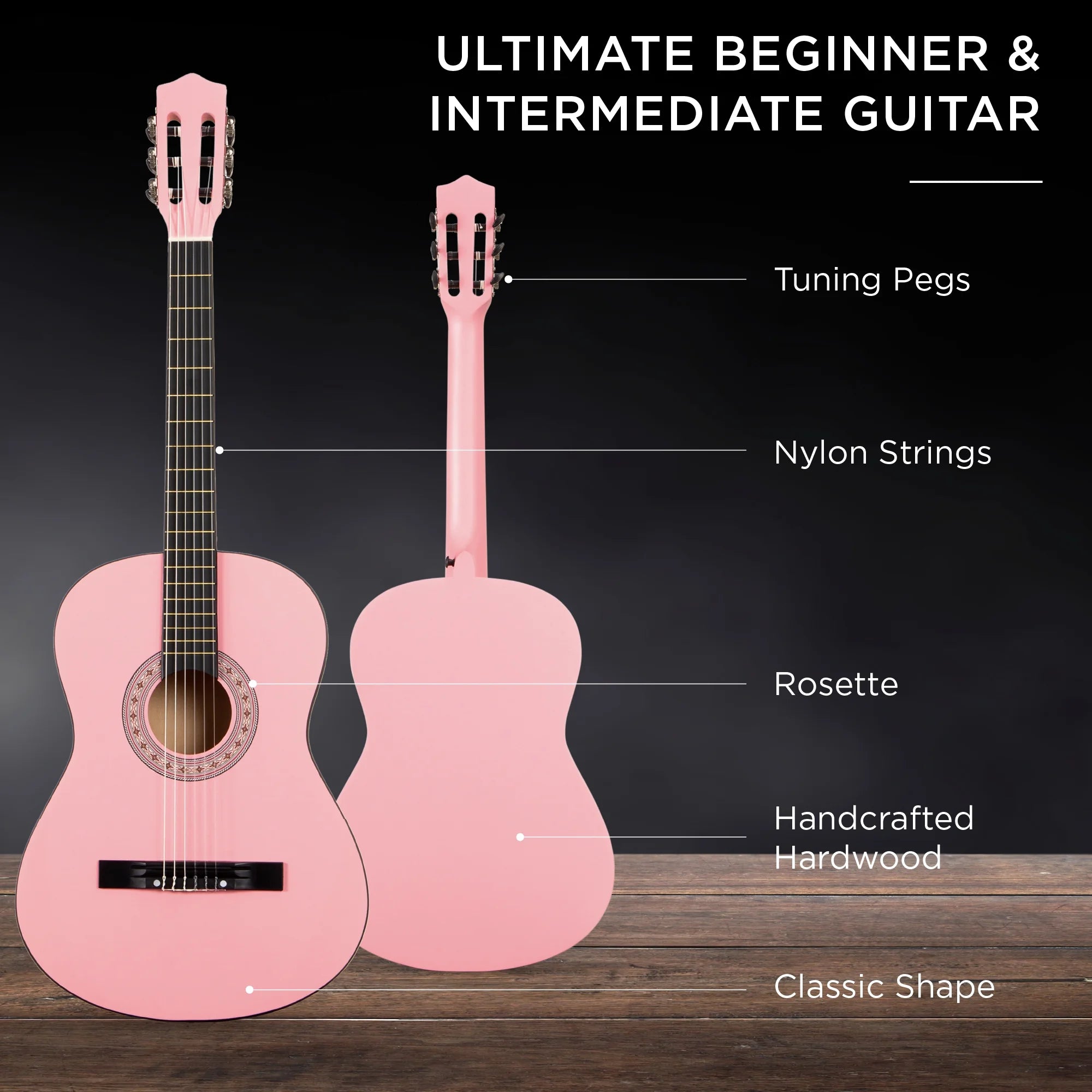 38In Beginner Acoustic Guitar Starter Kit W/ Gig Bag, Strap, Extra Strings - Pink