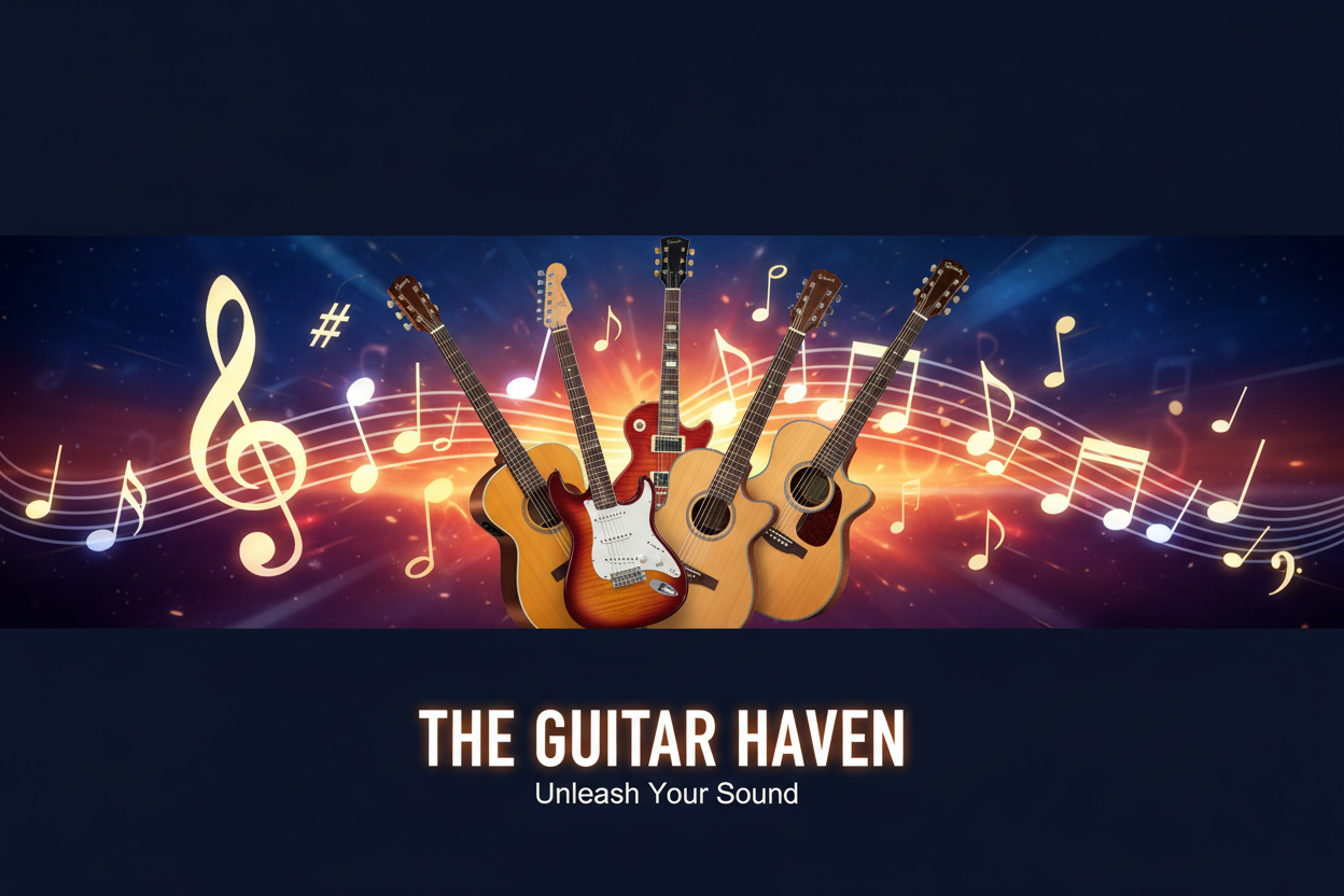 Multiple guitars and musical symbols